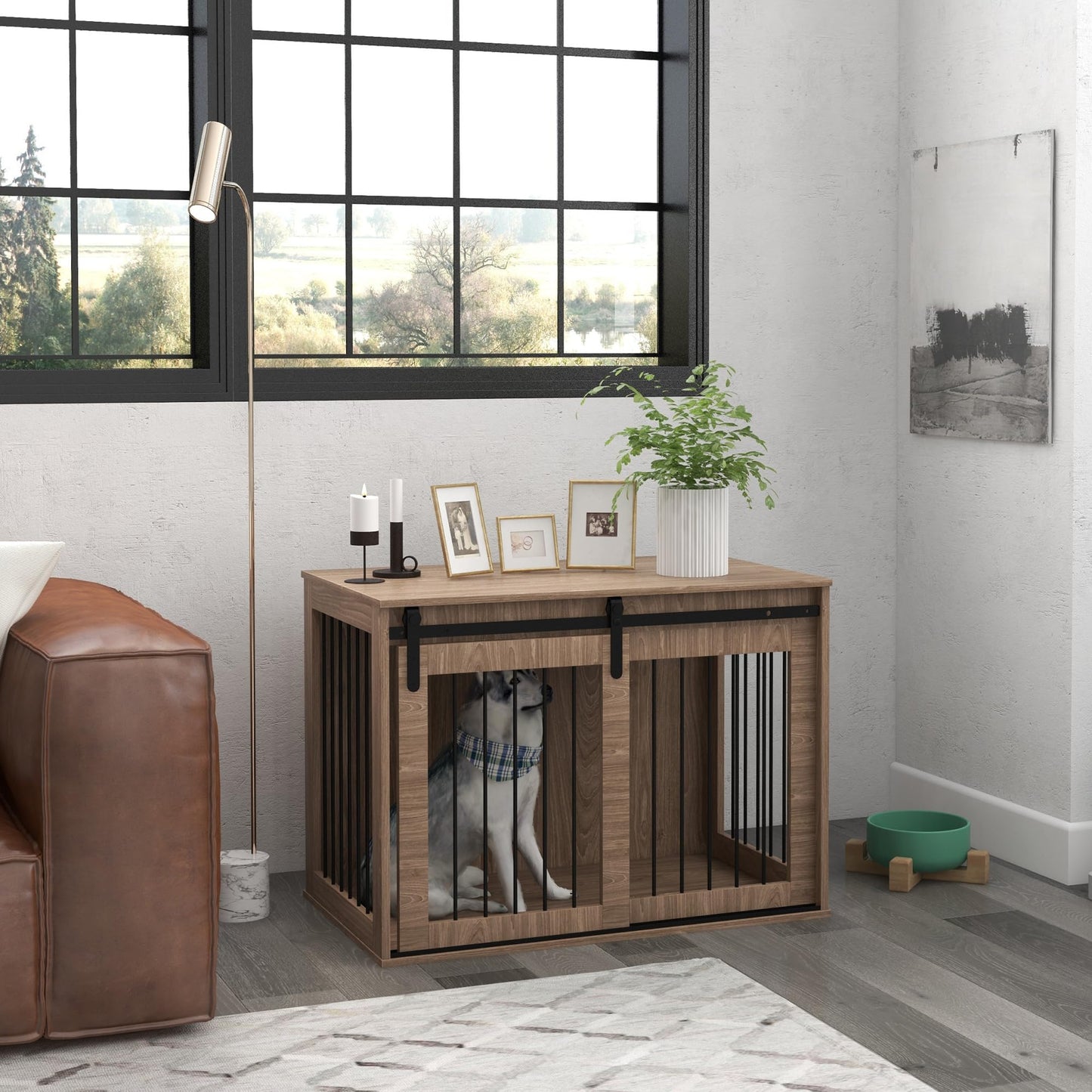 PawHut Dog Crate Furniture, End Table Dog Cage for Large Sized Dog, Dog Kennel Furniture for Indoor Use, 39" x 23" x 24", Walnut Brown