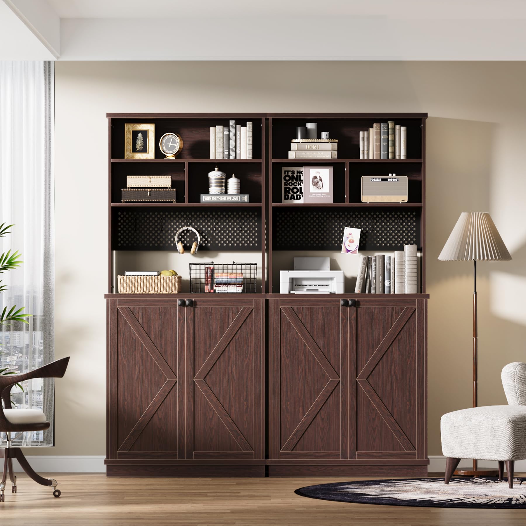 Tribesigns 70.9" Dark Walnut Tall Bookcase with Doors and DIY Pegboard for Home Office and Living Room - WoodArtSupply