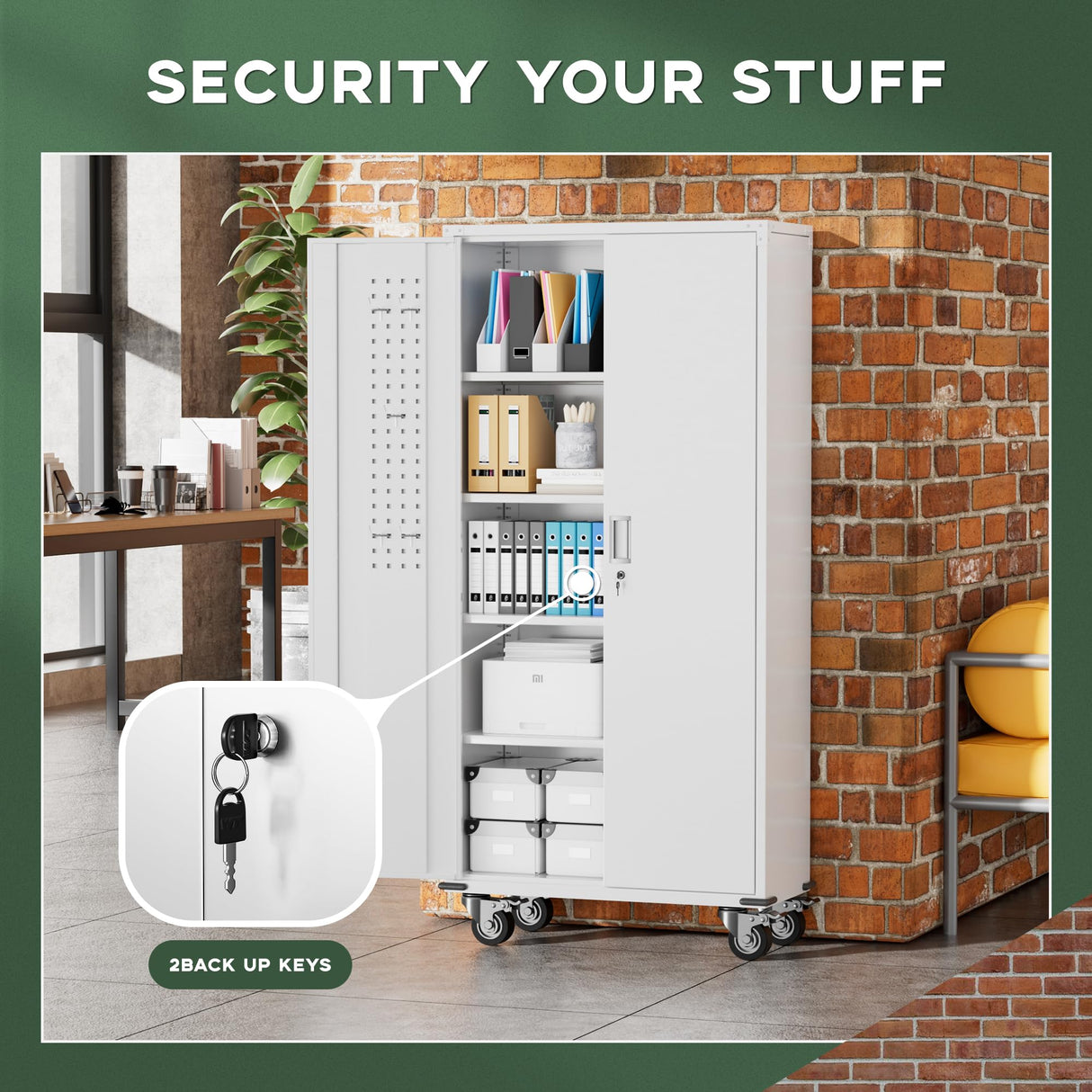 Greenvelly White Metal Storage Cabinet with Wheels, 72" Steel Garage Rolling Cabinet with Doors and 4 Shelves, Tall Locking Cabinets Tool Lockable Storage Cabinets for Basement, Pantry, Home Office Greenvelly