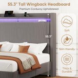 King Bed Frame with 55.3" Tall Headboard, Corduroy Upholstered Platform Bed with LED Lights & Charging Station, Wingback Storage Headboard, Solid Wood Slats,Noise Free,No Box Spring Needed,Gray Brown Welzona