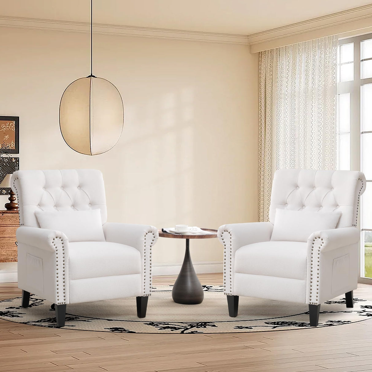 choairy Pushback Recliner Chair, Accent Push Back Chairs Set of 2 with Adjustable Footrest Wingback, Upholstered Linen Reclining Sofa with Side Pocket, Comfy Modern Armchair for Living Room, Beige choairy