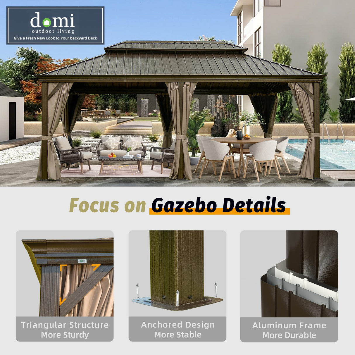 Domi Hardtop Gazebo 12x20FT, Outdoor Gazebo with Galvanized Steel Double Roof, Aluminum Frame, Built-in Gutter System, Curtain and Netting, Metal Gazebo Pavilion for Patio Deck Garden, Brown domi outdoor living