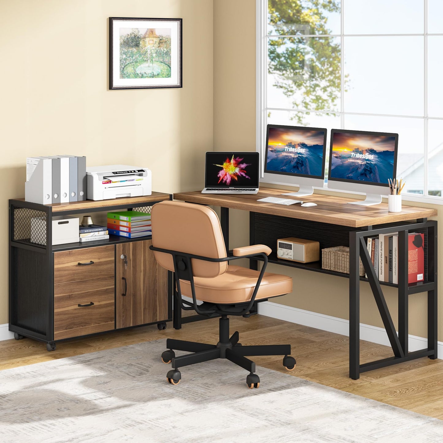 Tribesigns Office Desk with Drawers,55 inches L Shaped Computer Desk with Storage Shelves and Mobile File Cabinet, Executive Desk for Home Office Furniture Sets - WoodArtSupply