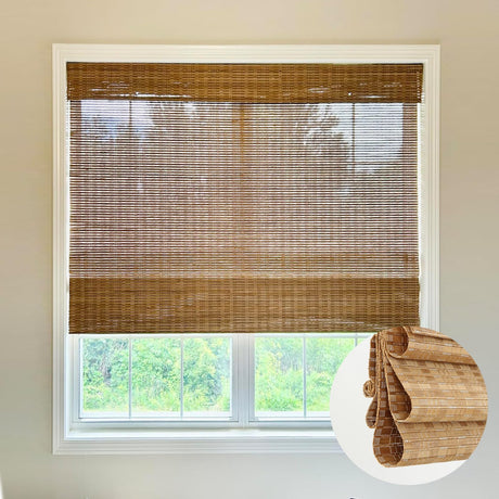 LETAU Cordless Wood Window Shades Blinds, Bamboo Sheer Light Filtering Woven Roman Shades, Walnut Beige, 26" W x 64" L LETAU