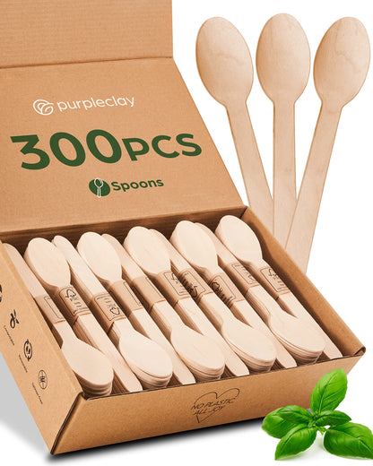 Wooden Disposable Spoons - 300 Piece Wood Compostable Spoons - Eco-Friendly Biodegradable Utensils for Party - Free From Plastic Cutlery Set - Disposable Cutlery for Eating - Compostable Utensils