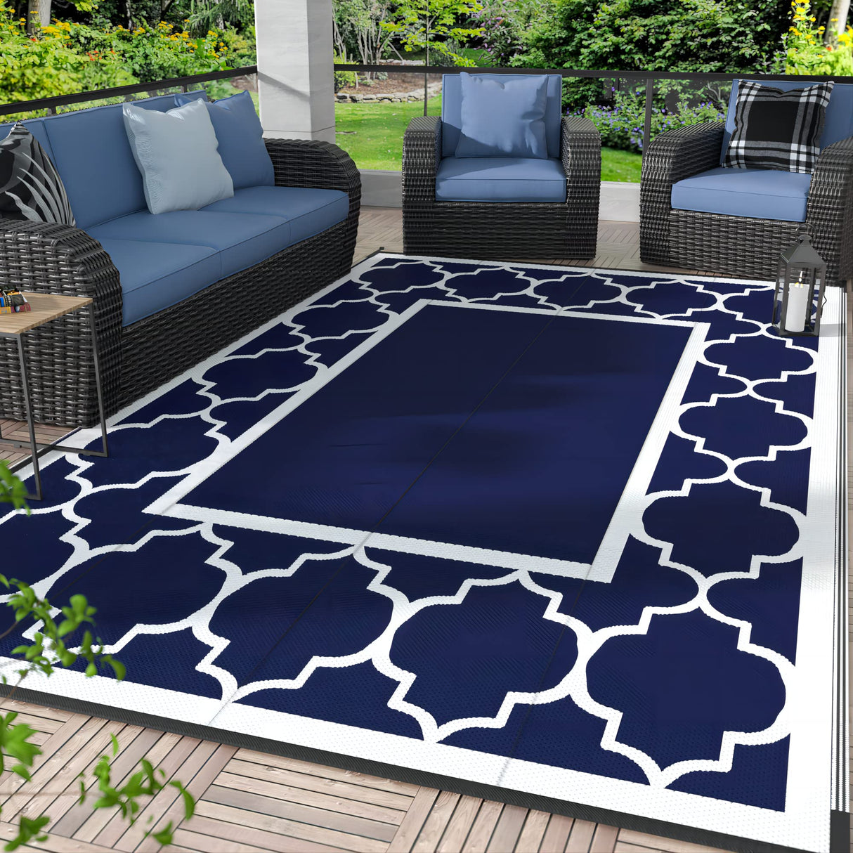 GENIMO 5' x 8' Outdoor Rug Waterproof for Patio Decor, Foldable Reversible Plastic Straw Area Rugs Mat for Camper, Outside Carpet for Rv, Deck, Porch, Picnic, Beach, Balcony, Blue & White GENIMO