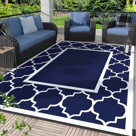 GENIMO 5' x 8' Outdoor Rug Waterproof for Patio Decor, Foldable Reversible Plastic Straw Area Rugs Mat for Camper, Outside Carpet for Rv, Deck, Porch, Picnic, Beach, Balcony, Blue & White GENIMO