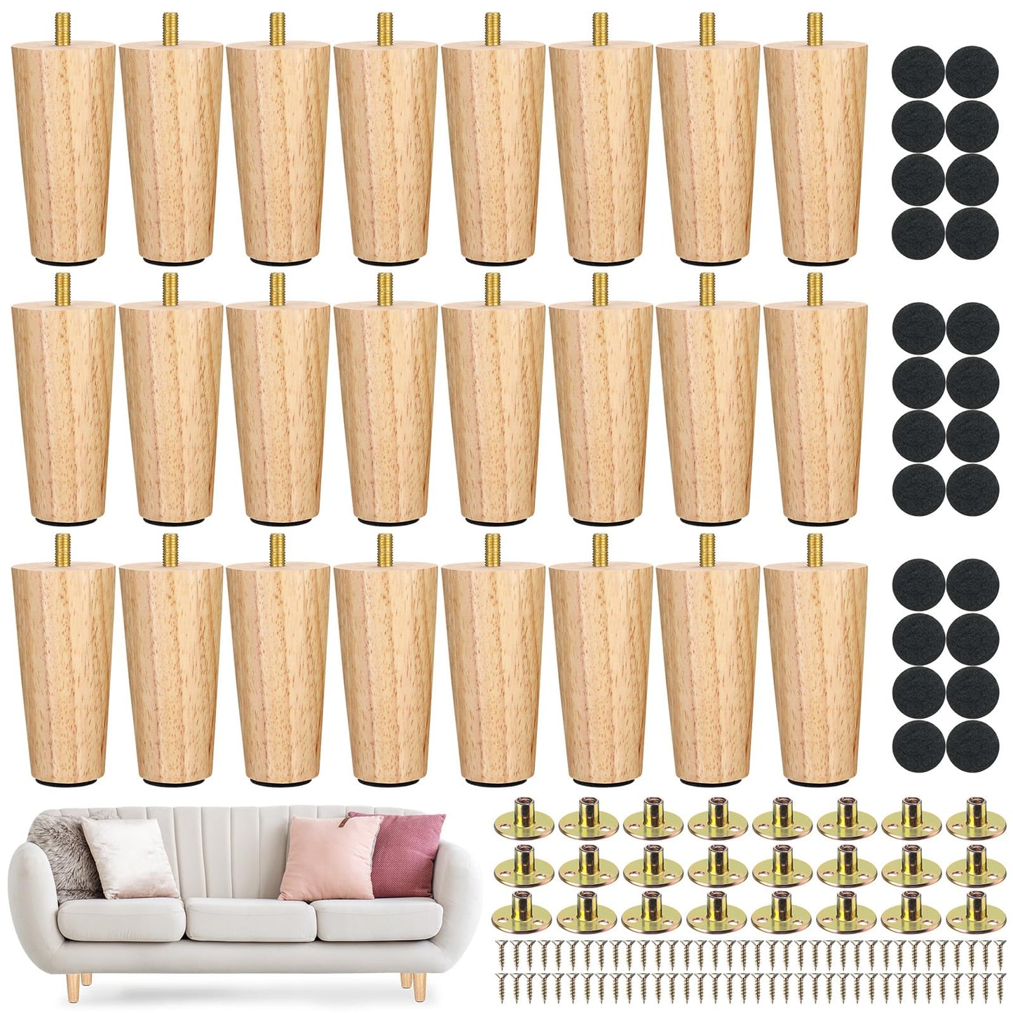 Maitys 4 Inch Round Solid Furniture Legs Furniture Wooden Replacement Feet Chair Dresser Couch Legs Table Cabinet Sofa Legs Footstool DIY Projects for Home (Wood,24 Pcs)