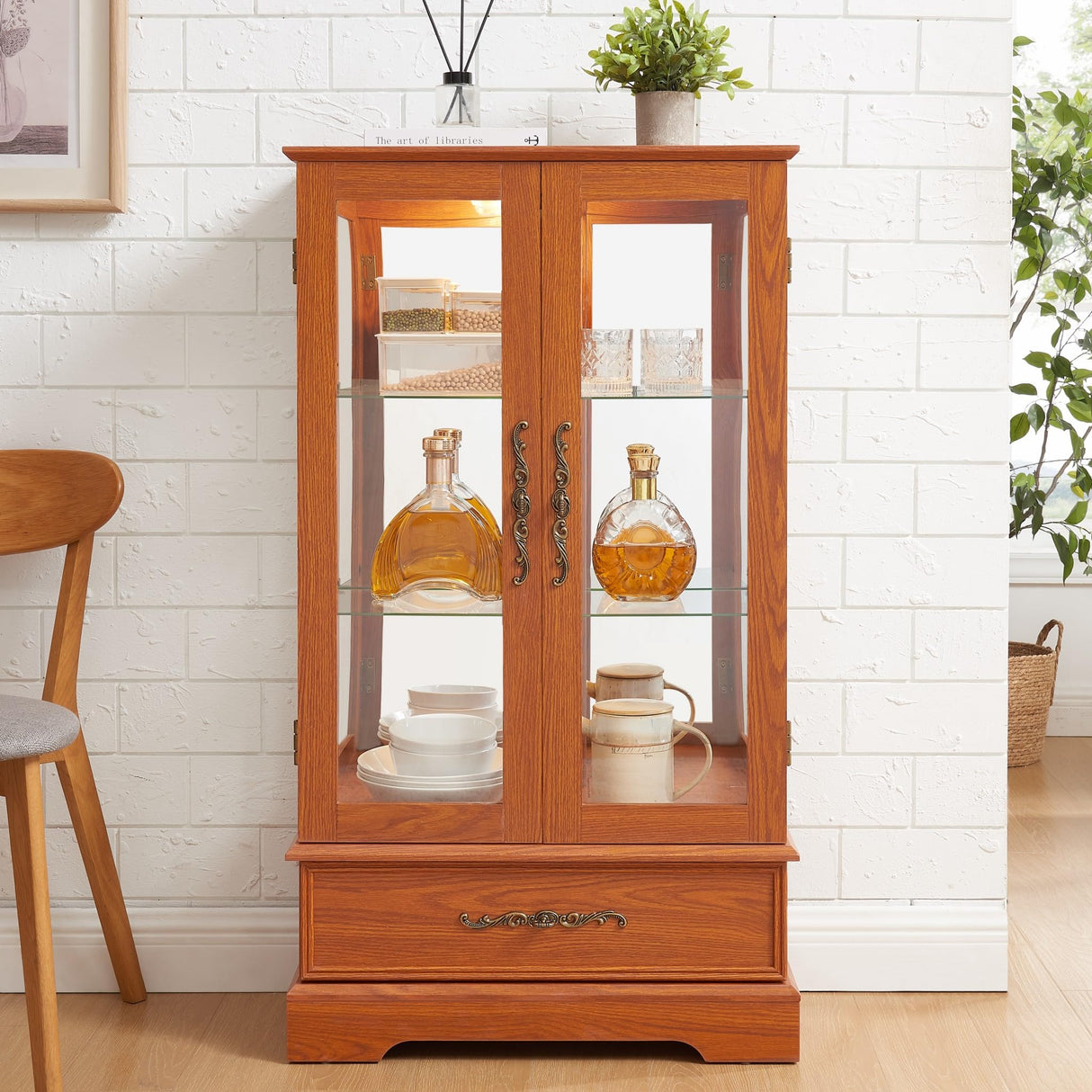 CKEASEAN Curio Cabinet 47" H Vintage Glass Display Cabinet with 3-Tier Adjustable Glass Shelves, Acrylic Mirrored Back Pane, Light Blub Included, China Cabinet for Living Room (Dark Oak) CKEASEAN