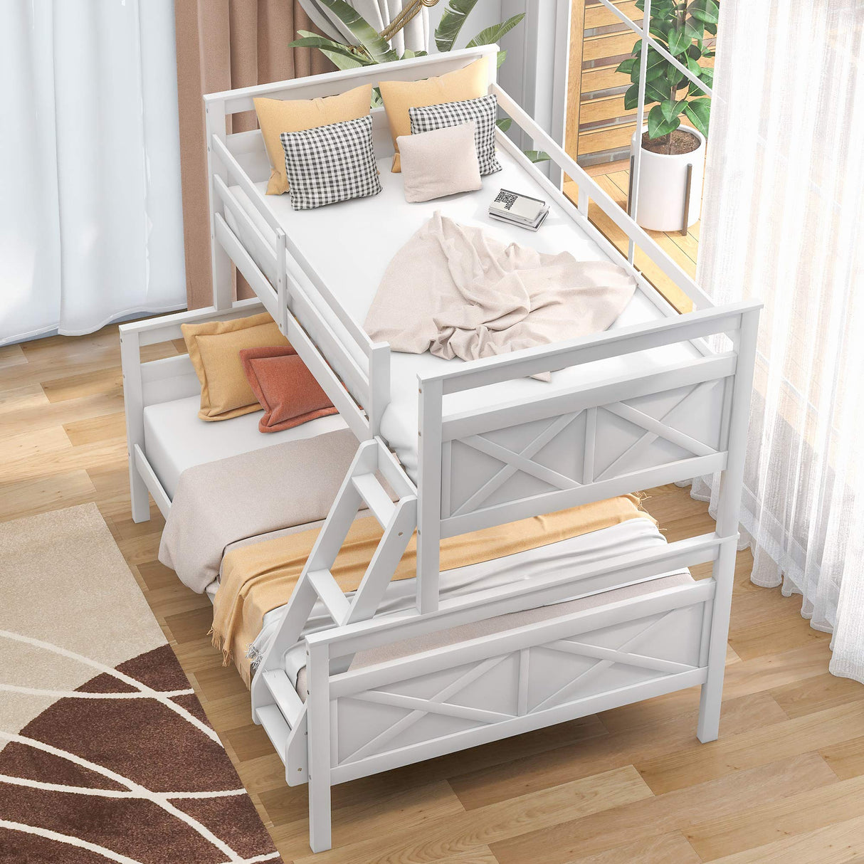 Bellemave White Twin Over Full Solid Wood Bunk Bed with Ladder and Guardrails Bellemave