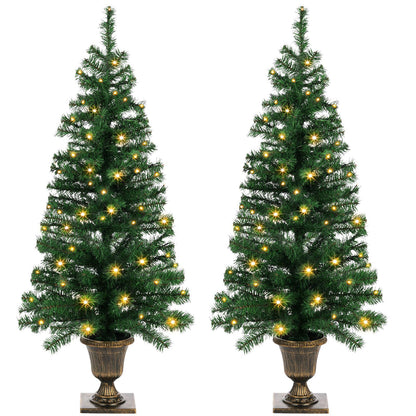 Set of 2 Christmas Trees with Lights 4-FT Artificial Urn Potted Porch Christmas Tree Battery Powered with 8 Modes and Timer for Indoor Outdoor