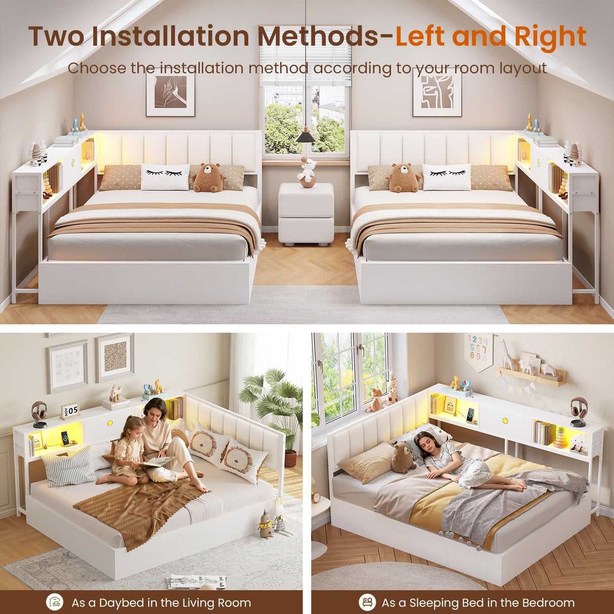 DICTAC Full Corner Bed Frame with Hydraulic Storage,Charging Station and Led Lights Metal Lift up Platform Storage Bed Frame with Upholstered Headboard,Full Size Daybed with Bookcase Guardrail,White DICTAC