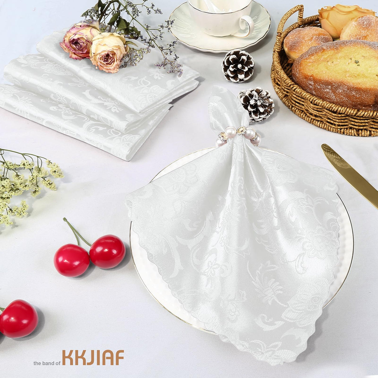 KKJIAF White Jacquard Satin Napkins (12 Pack, 17x17 Inches), Square Damask Silky Table Napkins for Wedding Banquet Party Restaurant Dinner Decoration KKJIAF