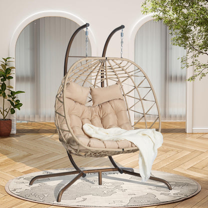 Brafab Double Rattan Swing Egg Chair with Stand, Oversized 2 Person Wicker Hanging Egg Chair for Indoor/Outdoor, Basket Hammock Chair with UV Resistant Cushion, 600 lbs Capacity, Khaki