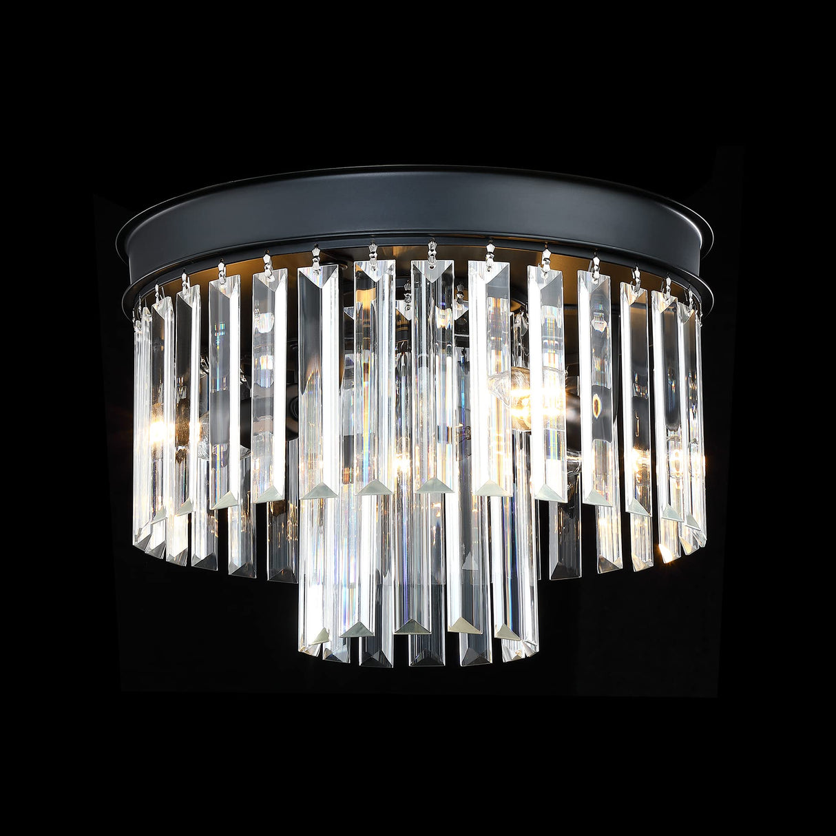 Crystal Flush Mount Ceiling Light Black Finish,2-Tier Crystal Close to Ceiling Light Fixture for Living Room Bedroom Dinning Room Hallway MEXO
