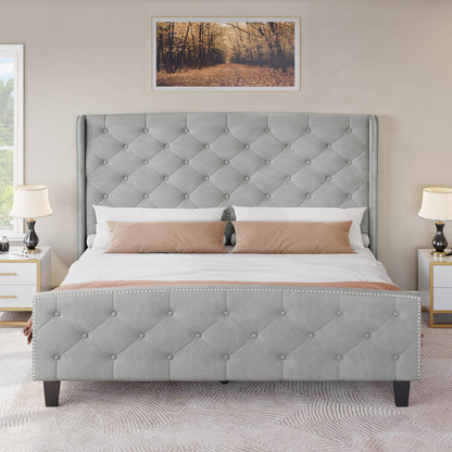 YITAHOME King Size Upholstered Bed Frame, Velvet Platform Bed with Deep Button Tufted Headboard & Nailhead Trim Wingback Footboard, No Box Spring Needed, Easy Assembly - Grey