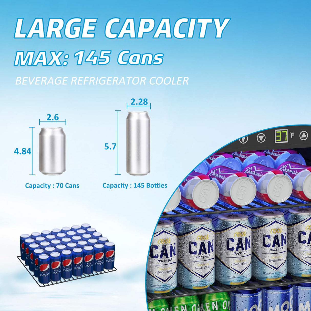 Erivess 4.5 Cubic Feet Mini Fridge, 145 Can Freestanding Beverage Refrigerator with Glass Front Door for Soda, Beer Under Counter Drink Refrigerator with Adjustable Shelves and Digital Display(Silver) Erivess