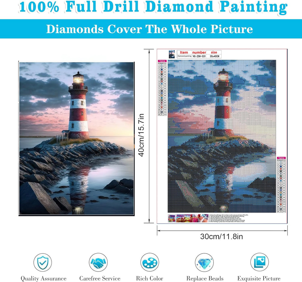 VeGuude Diamond Painting Kits for Adults, Beach and Lighthouse 5D Diamond Art Kits for Beginner DIY Full Drill Diamond Dots Crystal Craft Kits for Home Wall Decor Gifts 11.8x15.7 inch VeGuude