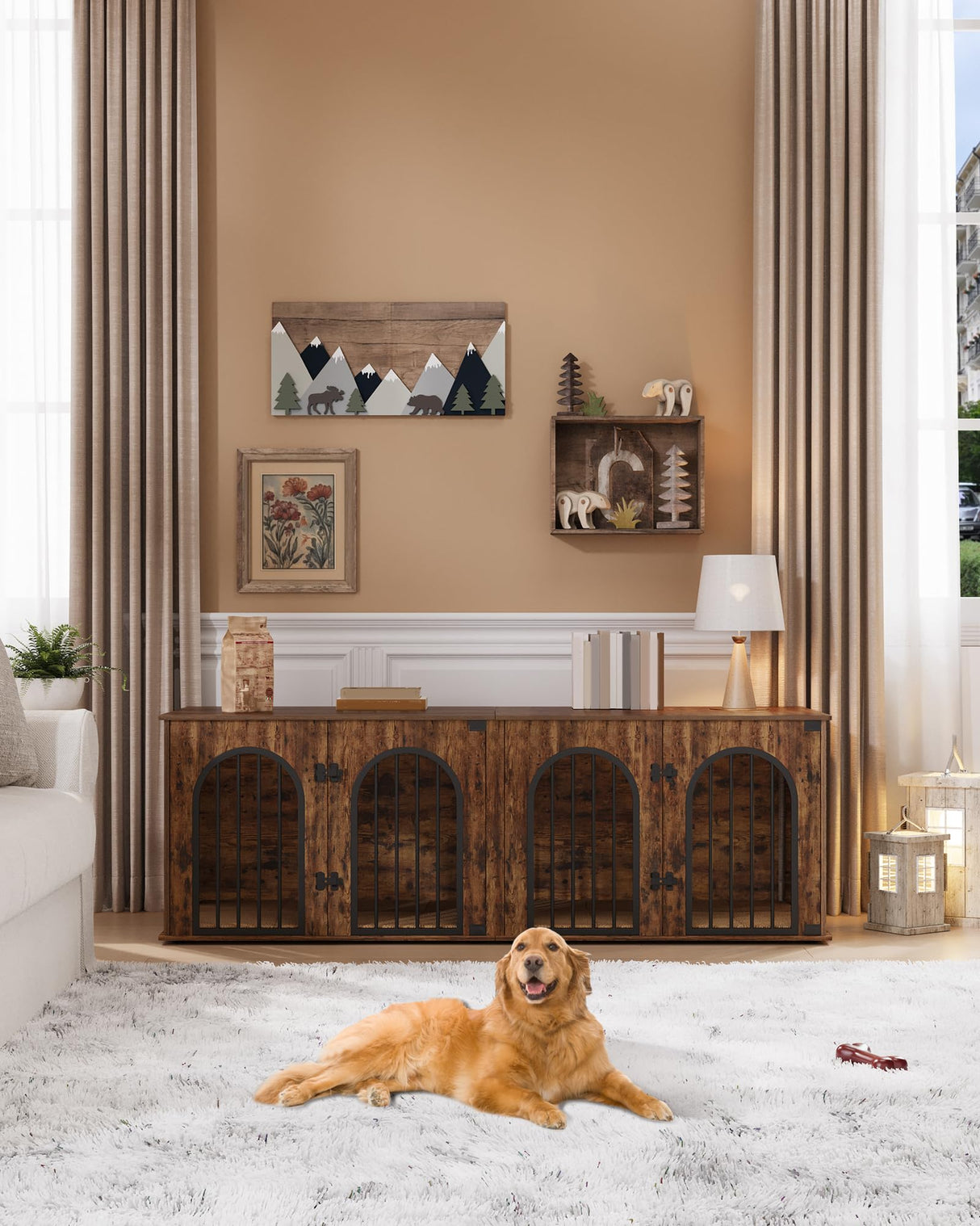 Hzuaneri 71" Dog Crate Furniture for 2 Dogs, Heavy Duty Indoor Dog Kennel TV Stand, XXL Wooden Dog Cage with Divider for Medium Large Dogs, End Table Dog Crate with Cushion, Rustic Brown DFC81901B Hzuaneri