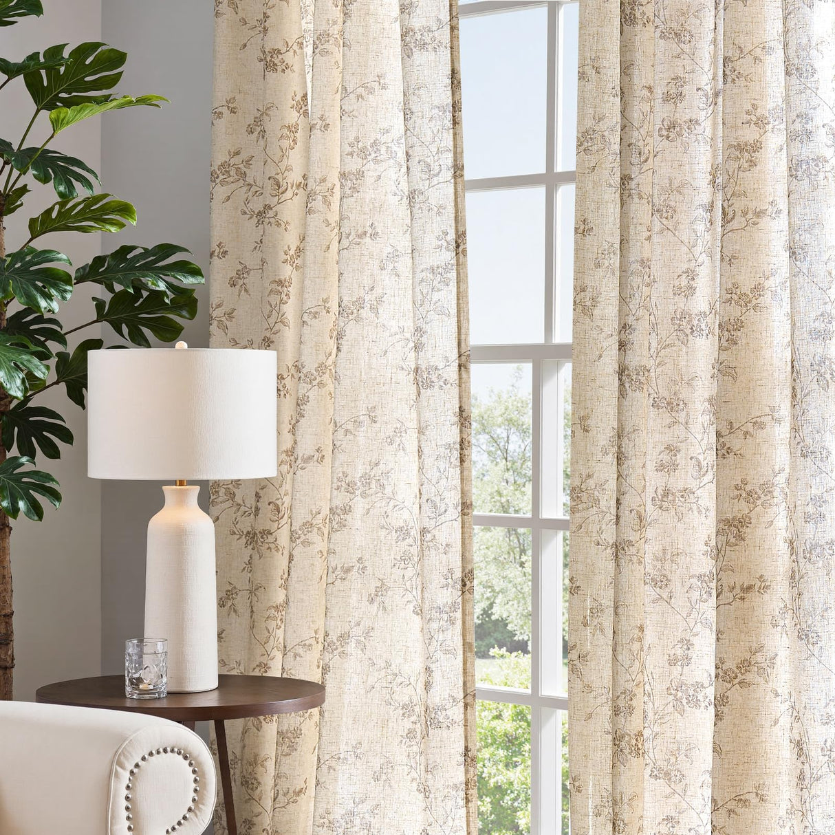 jinchan Linen Floral Curtains 84 Inch Farmhouse Country Flower Drapes Rustic Window Curtains Light Filtering for Living Room Bedroom Laundry Back Tab 2 Panels Taupe on Beige jinchan