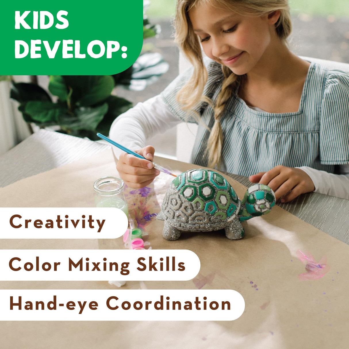 MindWare Paint Your Own Stone Decor: Box Turtle - DIY Craft Kit for Kids Includes Weather Resistant Stone, Paints and Brushes MindWare