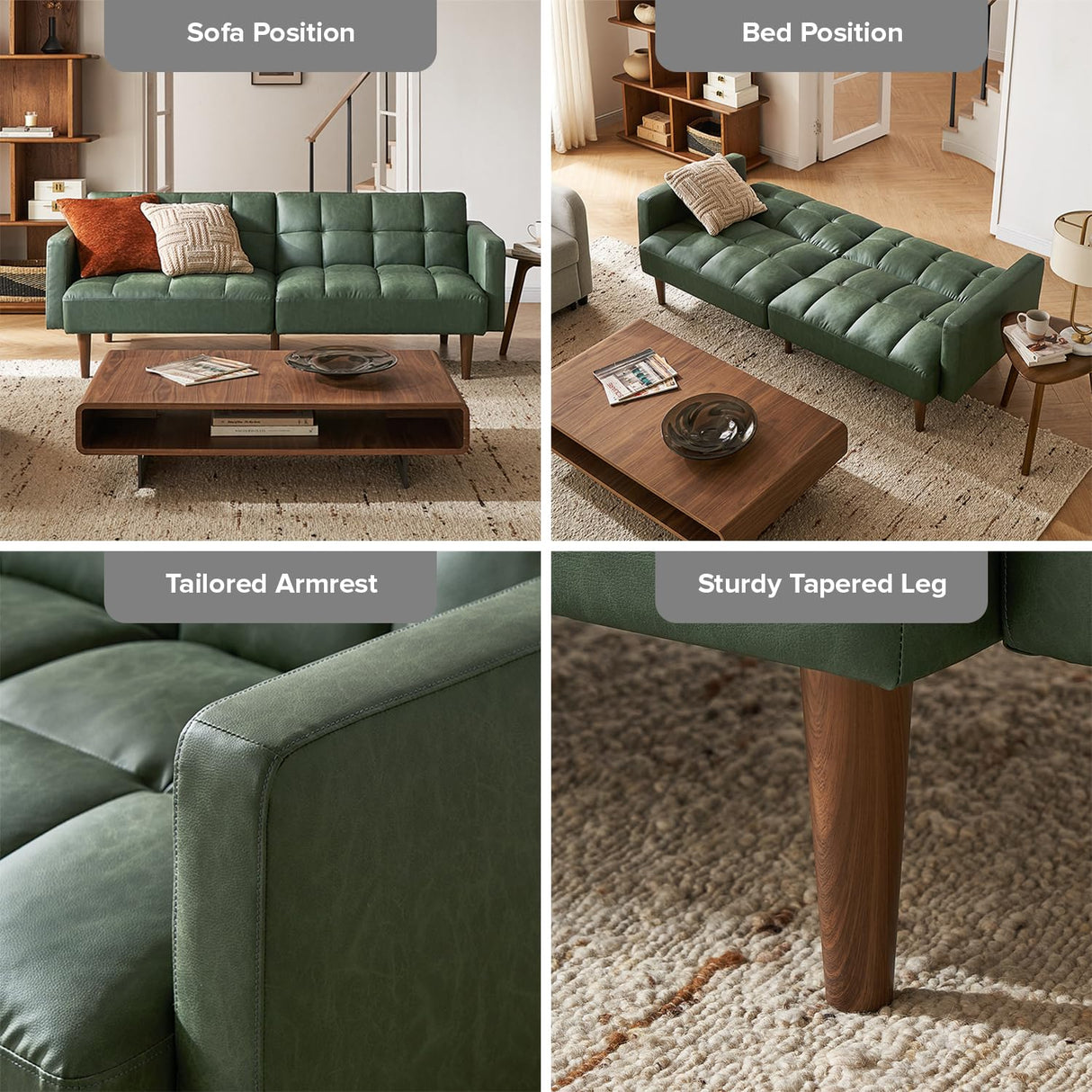 mopio Aaron 76.8" Couch, Small Futon Sofa Bed, Sleeper, Loveseat, Mid Century Modern Futon Couch, Sofa Cama, Couches for Living Room, Bedroom (Sage Green, Faux Leather) mopio