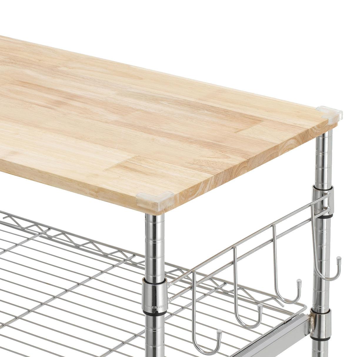 Finnhomy 3-Tier Rolling Kitchen Cart with 18" D x 30" W Oak Wood Tabletop, Kitchen Island Cart with 4" Wheels and Slider Shelf, Microwave Cart & Coffee Cart with Hooks for Dining Room, Chrome Finnhomy