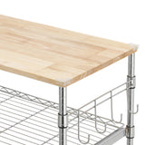 Finnhomy 3-Tier Rolling Kitchen Cart with 18" D x 30" W Oak Wood Tabletop, Kitchen Island Cart with 4" Wheels and Slider Shelf, Microwave Cart & Coffee Cart with Hooks for Dining Room, Chrome Finnhomy