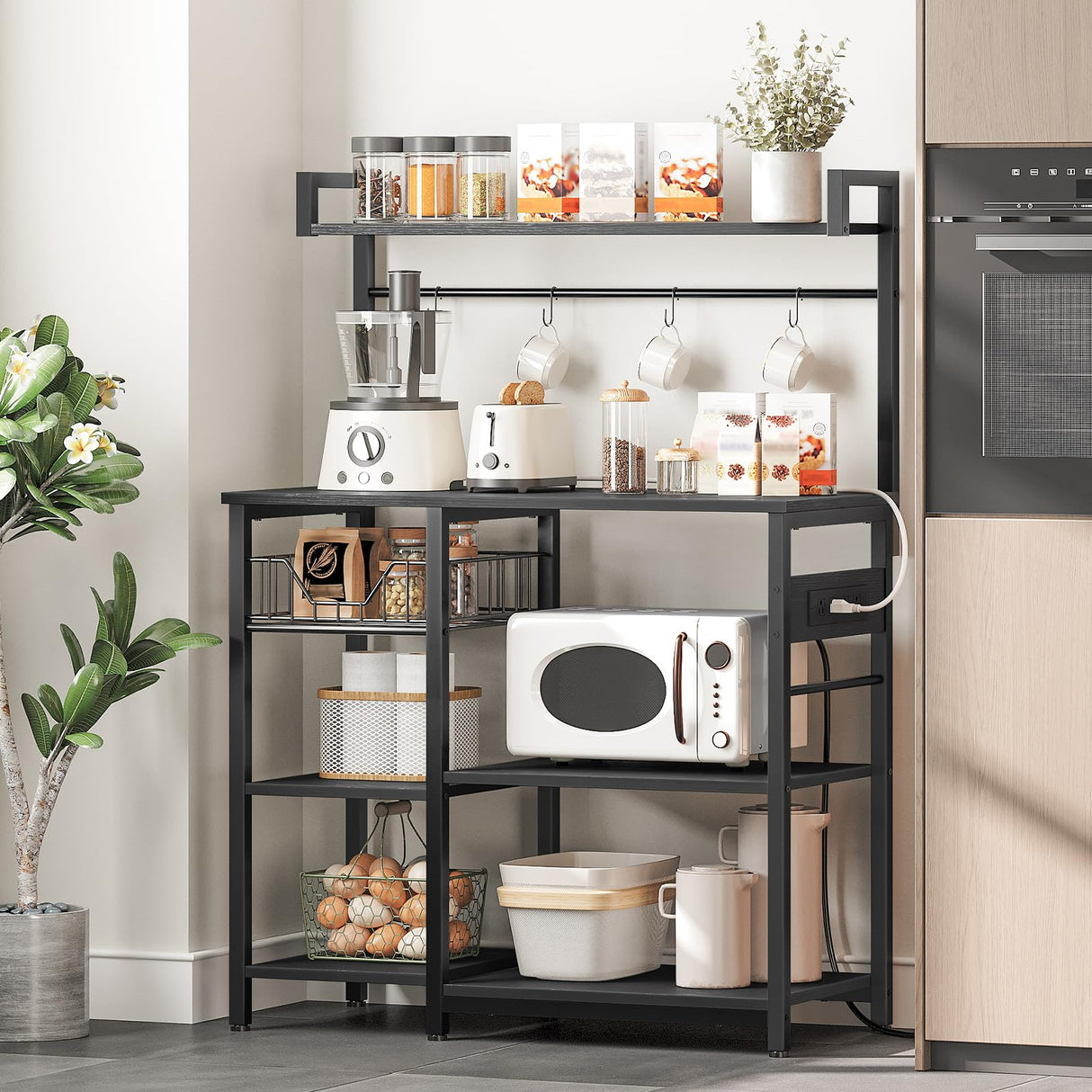 HOOBRO Kitchen Bakers Rack with Power Outlet, Coffee Bar, Microwave Oven Stand with Mesh Basket, Coffee Station with 4 S-Shaped Hook, Kitchen Shelf, for Kitchen, Living Room, Black BB05HB01 HOOBRO