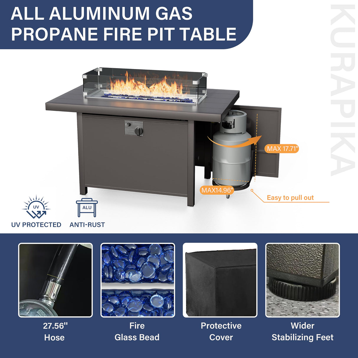 Kurapika 15 Pieces Metal Patio Furniture Set Modern Metal Outdoor Conversation Sets w/45in Propane Fire Pit Table, Patio Sectional Sofa w/5 Inch Cushion, Navy Blue Kurapika