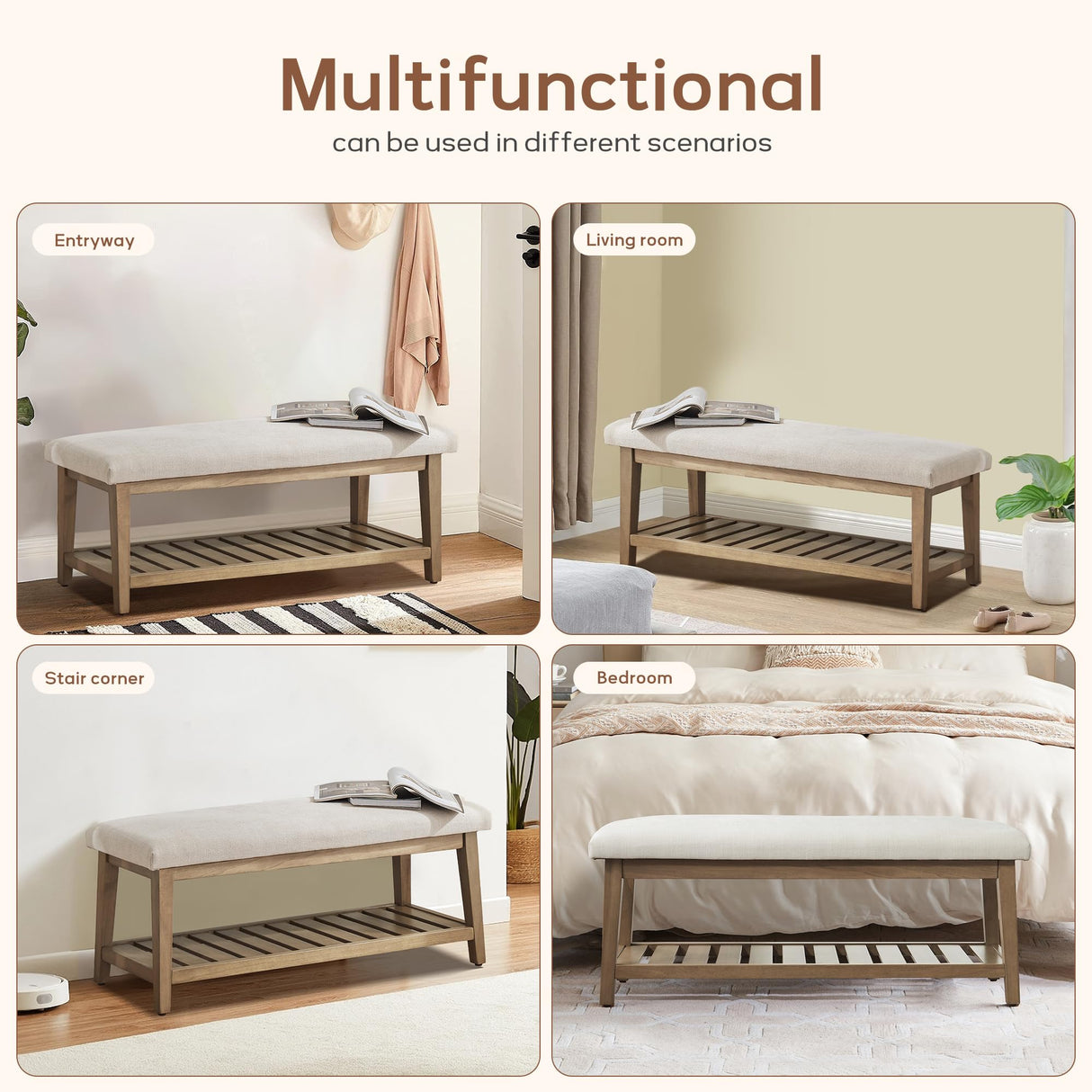 Zihanhome Entryway Bench, Chenille Upholstered Shoe Benches for Bedroom, Ottoman Benches with Solid Wood Shelf, Storage Bench for Hallway, Living Room(Grey) Zihanhome