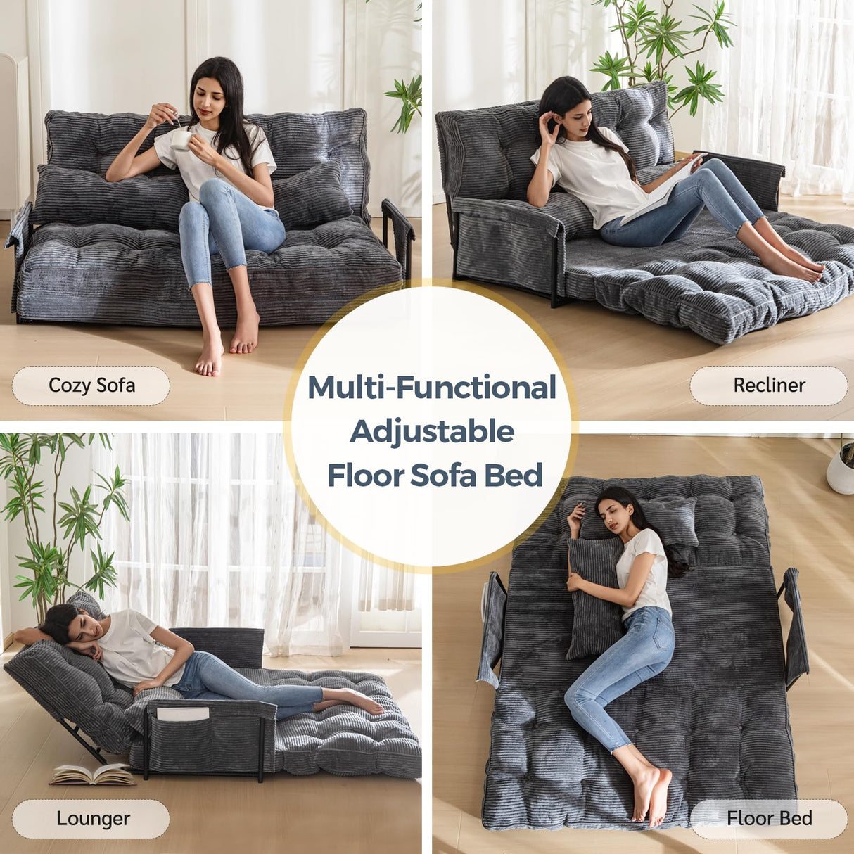 MAXYOYO Adjustable Floor Sofa Couch with 2 Pillows, Multi-Functional Bean Bag Bed, 5-Position Foldable Lazy Sofa Sleeper Bed with Armrest, Versatile Floor Seating for Reading, Dark Grey, Double MAXYOYO