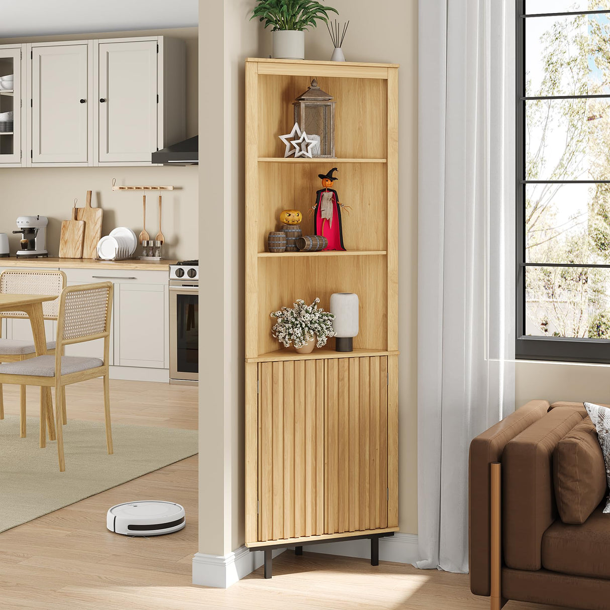 Maupvit 69" Tall Corner Cabinet, Small Slim Corner Bathroom Wall Cabinet, Boho Kitchen Pantry Storage Fluted Cabinet with Door & Adjustable Shelves, for Laundry Room, Living Room Maupvit