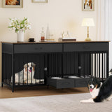 YITAHOME 74.8" Double Dog Crate Furniture with Dog Feeder, Heavy Duty Indoor Dog Kennel TV Stand with Drawers, Sturdy Dog Kennel with Divider for 2 Medium Large Dogs, Black YITAHOME