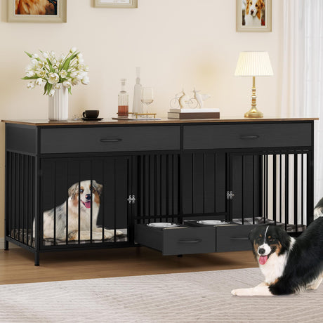 YITAHOME 74.8" Double Dog Crate Furniture with Dog Feeder, Heavy Duty Indoor Dog Kennel TV Stand with Drawers, Sturdy Dog Kennel with Divider for 2 Medium Large Dogs, Black YITAHOME