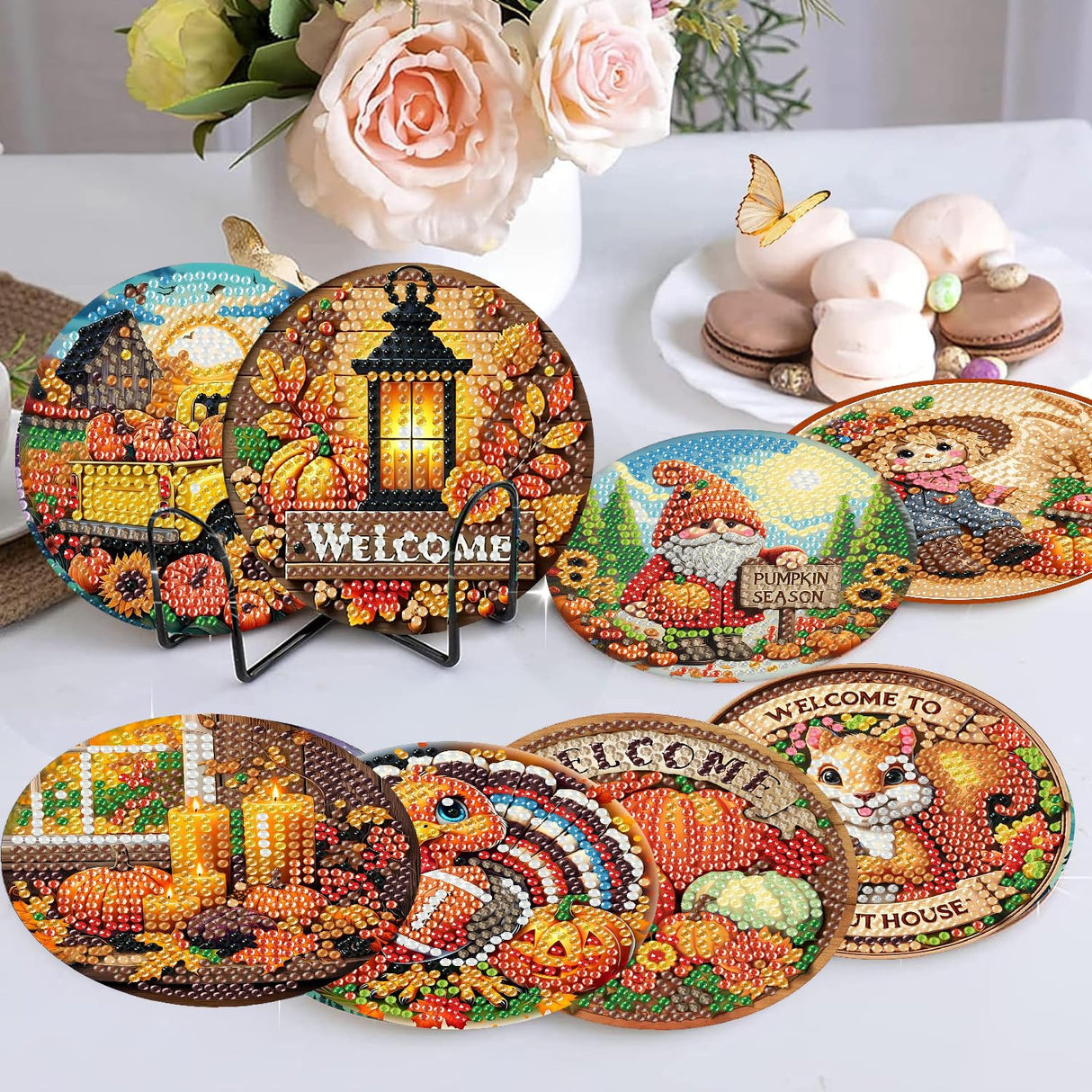 8 Pcs Fall Diamond Art Painting Coasters Kits,Thanksgiving Day Coaster with Holder for Adults, Non-Slip DIY Dot Paint Craft Kits,5D Full Drill DIY Diamond Dot Gem Art Kit Home Decor Arts Craft NEGEKFKX