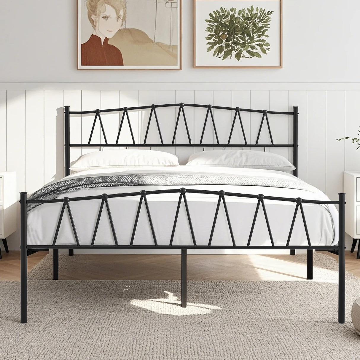VECELO Queen Size Bed Frame, Bohemian Style Headboard,Queen Platform Mattress Base/Underbed Storage Space/No Box Spring Needed, Heavy Duty Bed Frame, Black VECELO
