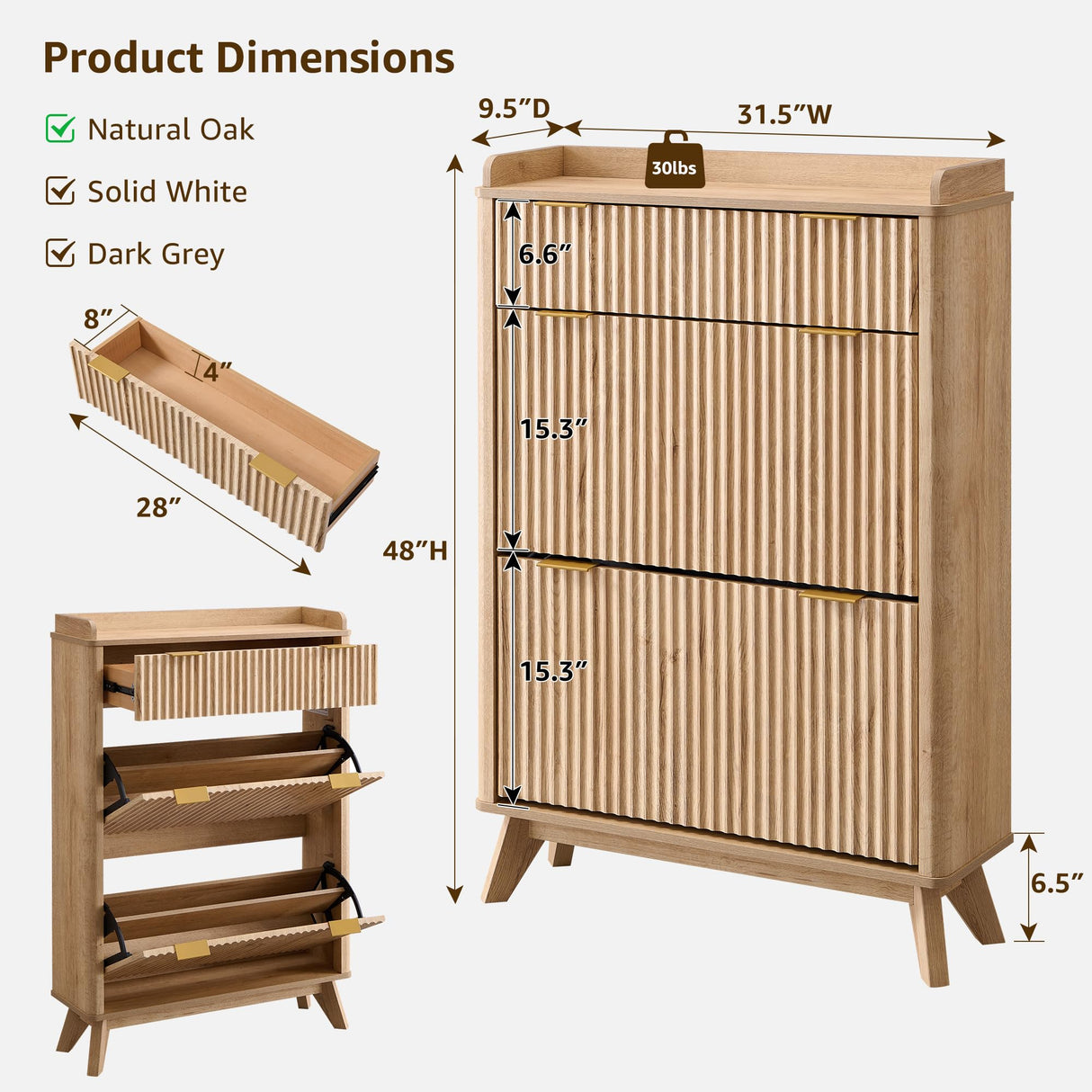 T4TREAM Fluted Shoe Storage Cabinet with 2 Flip Drawers & Top Drawer, 48" Tall Narrow Shoe Organizer, Curved Profile Design, Wooden Shoe Rack for Entryway, Living Room, Hallway - Natural Oak T4TREAM