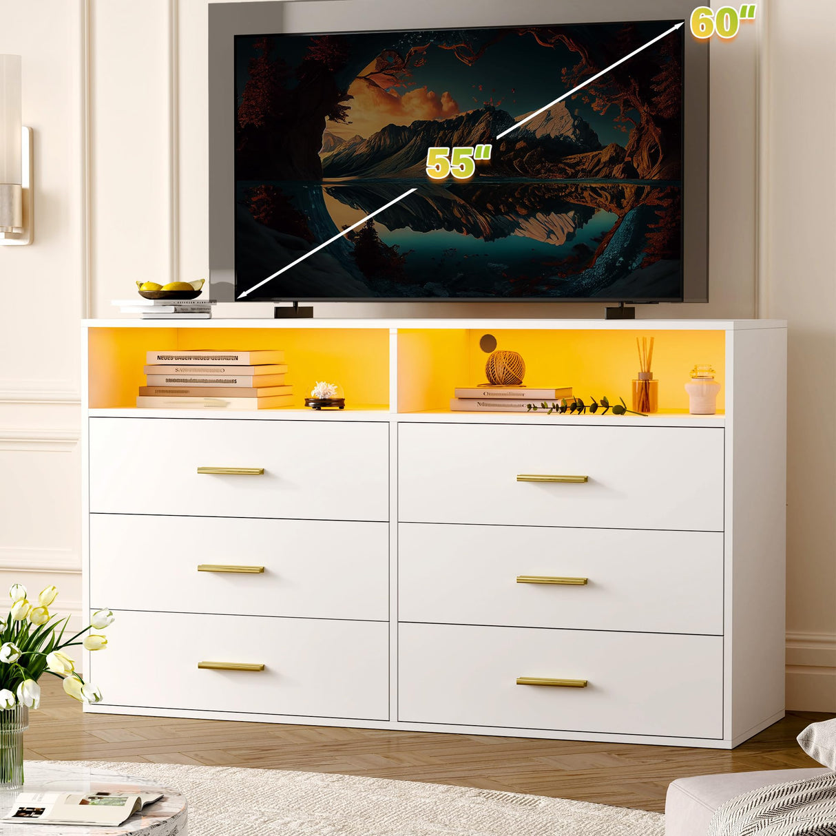 EnHomee 6 Drawer Dresser for Bedroom White Modern Dresser with LED Lights,Large TV Stand,Hallway,47.3" W x 39.4" H x 15.8" D, EnHomee