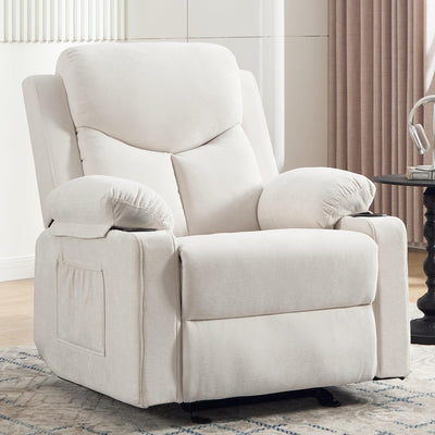 Sftaiyou Manual Rocker Recliner Chair for Adults with Vibration Massage,Glider Rocking Recliner Chairs for Living Room Bedroom Overstuffed Soft Reclining Sofa Chair with Pockets and Cup Holds (Beige)