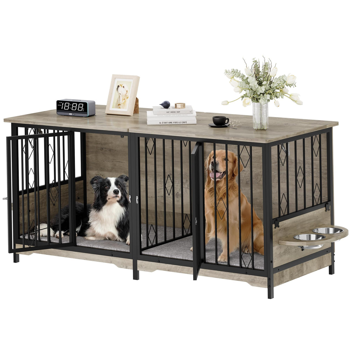 YITAHOME 71" Double Dog Crate Furniture with Divider, Wooden Large Dog Kennel with Flip-Top&4 Rotatable Bowls&2 Cushions, Dog Crate Furniture TV Stand for Medium Large Dogs, Grey YITAHOME
