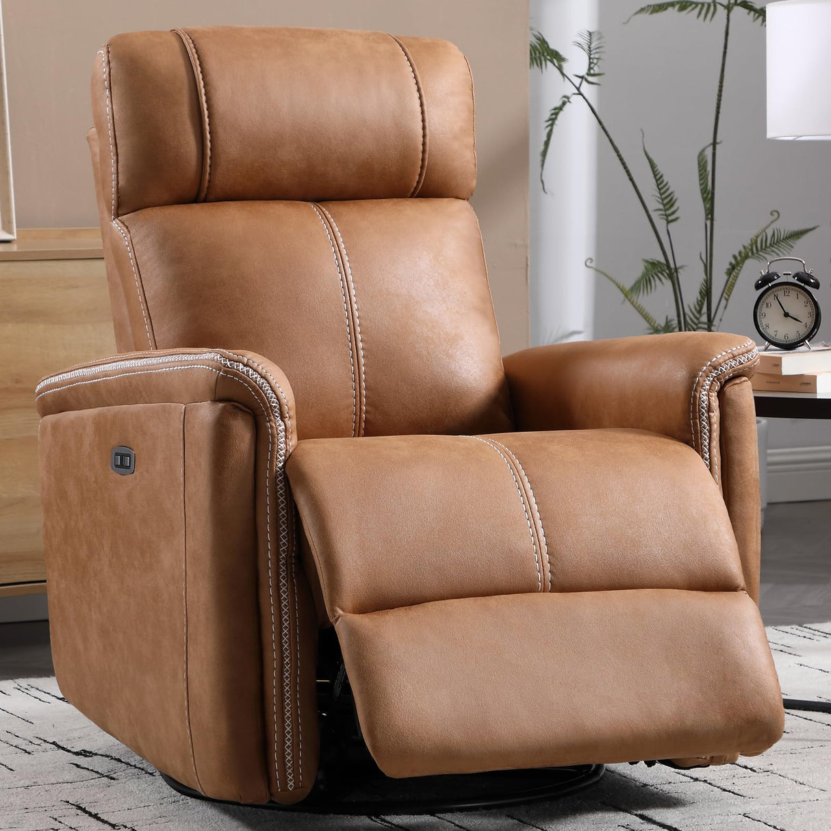 CANMOV Faux Leather Power Swivel Rocker Recliner,Glider Recliner for Nursery,Electric Swivel Rocker with USB Port,Upholstered Nursery Glider Reclining Sofa for Living Room,Brown CANMOV