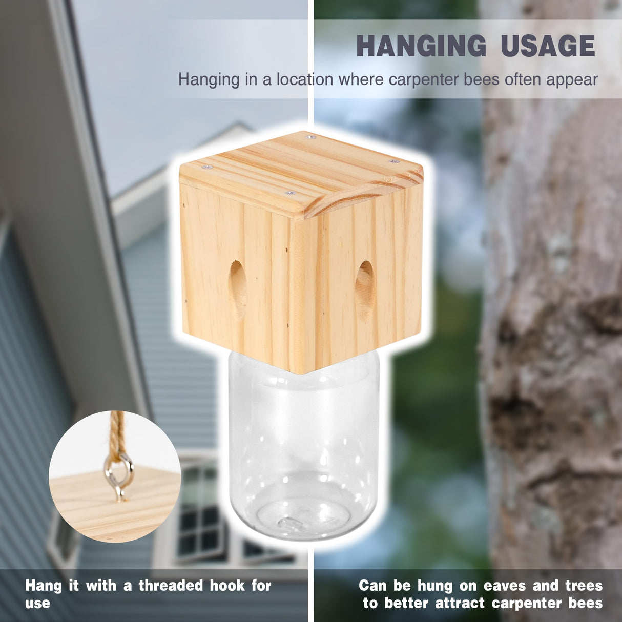 2 PCS Wood Carpenter Bee Trap for Outside - Best Bee Trap - Cube Style Nature Hanging Carpenter Bee Traps Plastic Jar Outdoor - Insect Traps Best Bee Trap