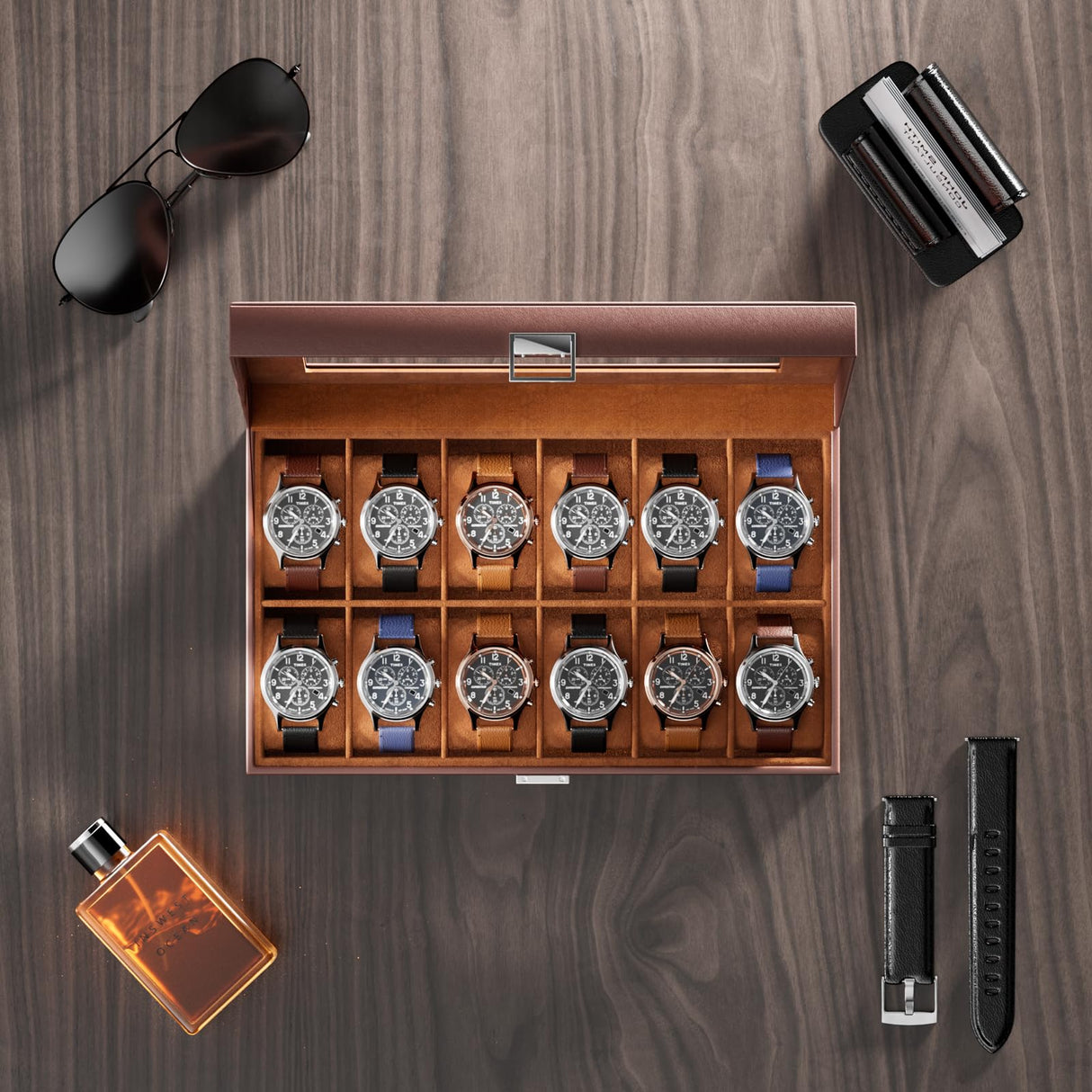 ProCase Watch Box Organizer for Men, 12 Slot Watch Display Case With Glass Lid, PU Leather Watch Storage Mens Watch Case, Watch Holder Organizer for Men Women -12 Slot, Brown ProCase