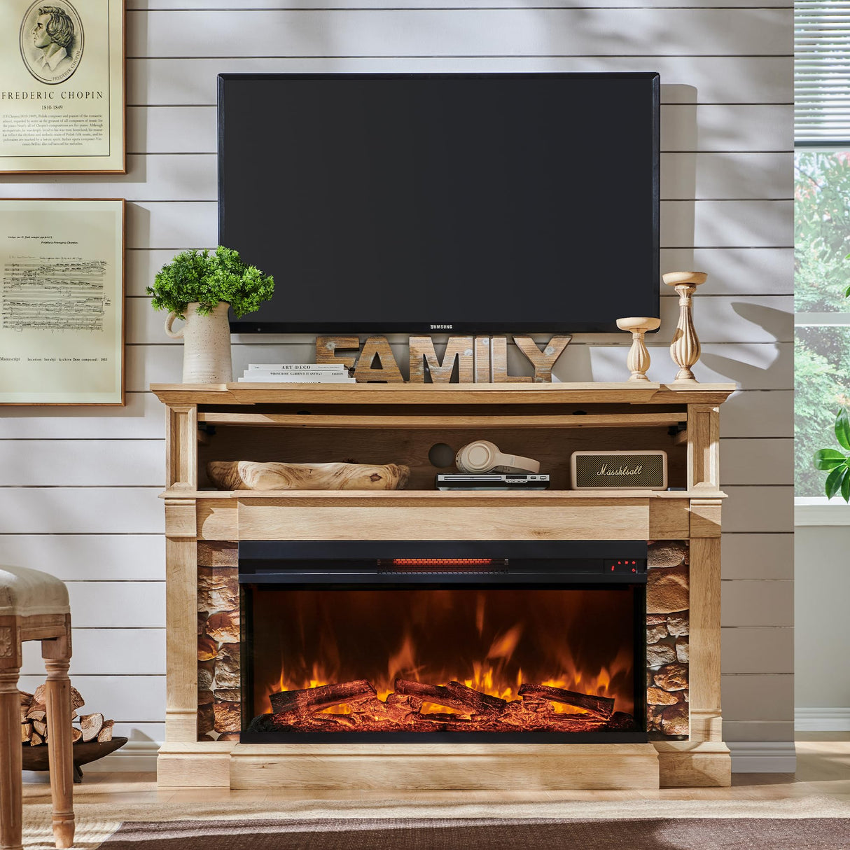 OKD 52" Electric Fireplace with Mantel, Freestanding Fireplace Heater TV Stand with 36" 3-Side Glass Insert for TVs Up to 65" with Storage Cabinet for Living Room, Natural Oak OKD