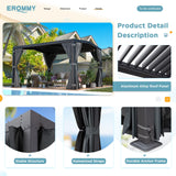EROMMY Louvered Pergola 11' x 13' Outdoor Hard Top Mansard Roof Gazebo with Aluminum Frame and Adjustable Metal Rainproof Roof for Garden & Patio, Curtains and Netting Included, Gray-Black EROMMY