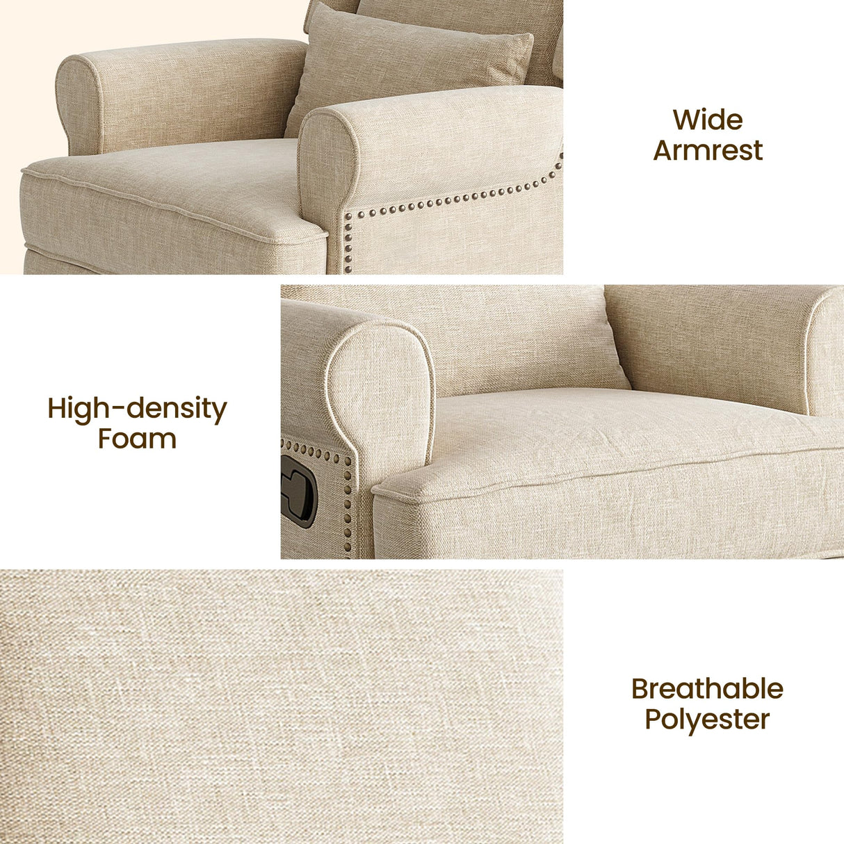 RoyalCraft Swivel Recliner Chair with Extra Large Footrest, Comfy Upholstered Glider Rocking Chair for Living Room, Bedroom and Ofice, Beige RoyalCraft