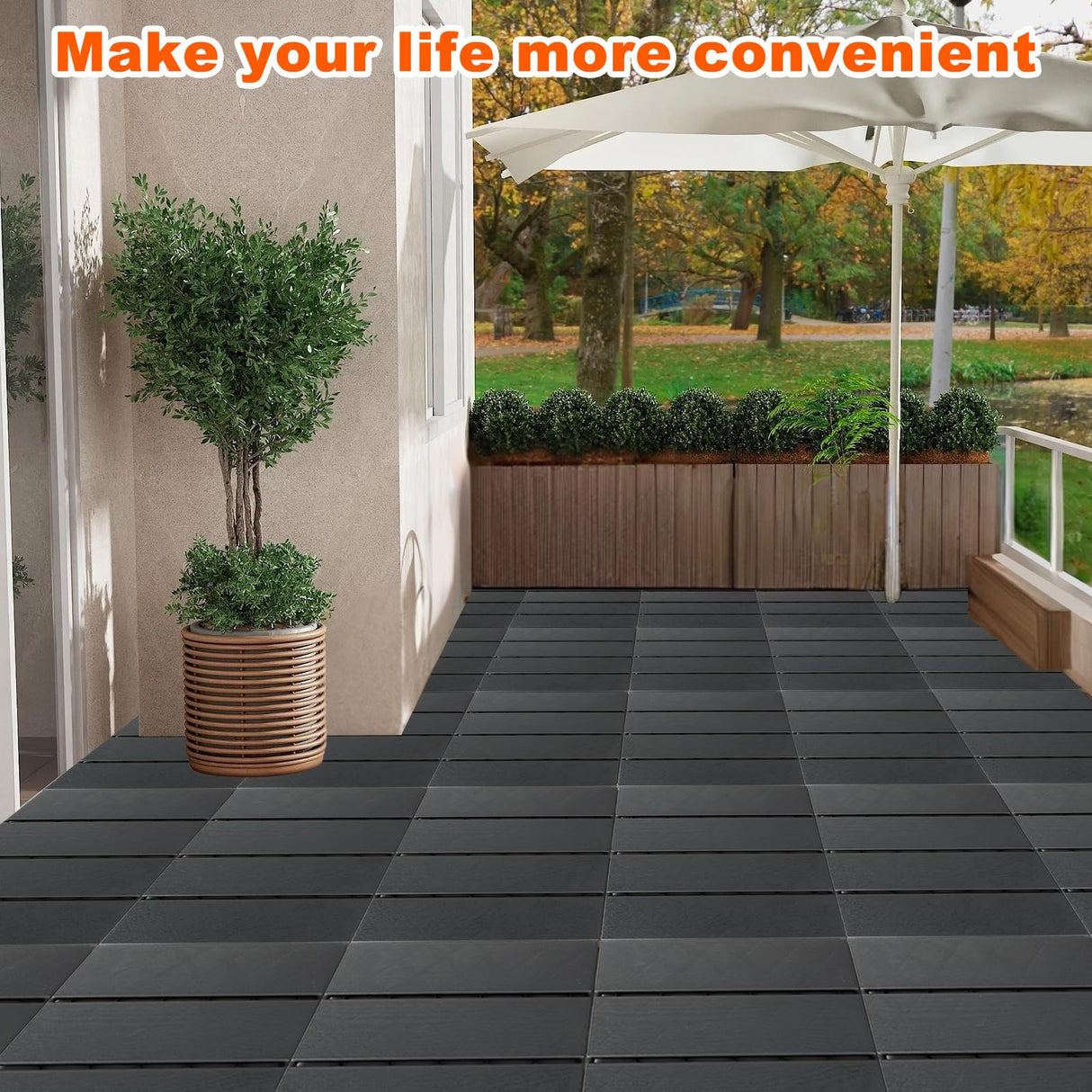 SHUESS 9 PCS Interlocking Deck Tiles 12”x 12” Patio Deck Tiles Plastic Waterproof Outdoor Flooring Covering for Walkway Front Porch Poolside Balcony Backyard, Black (All Weather Use) SHUESS