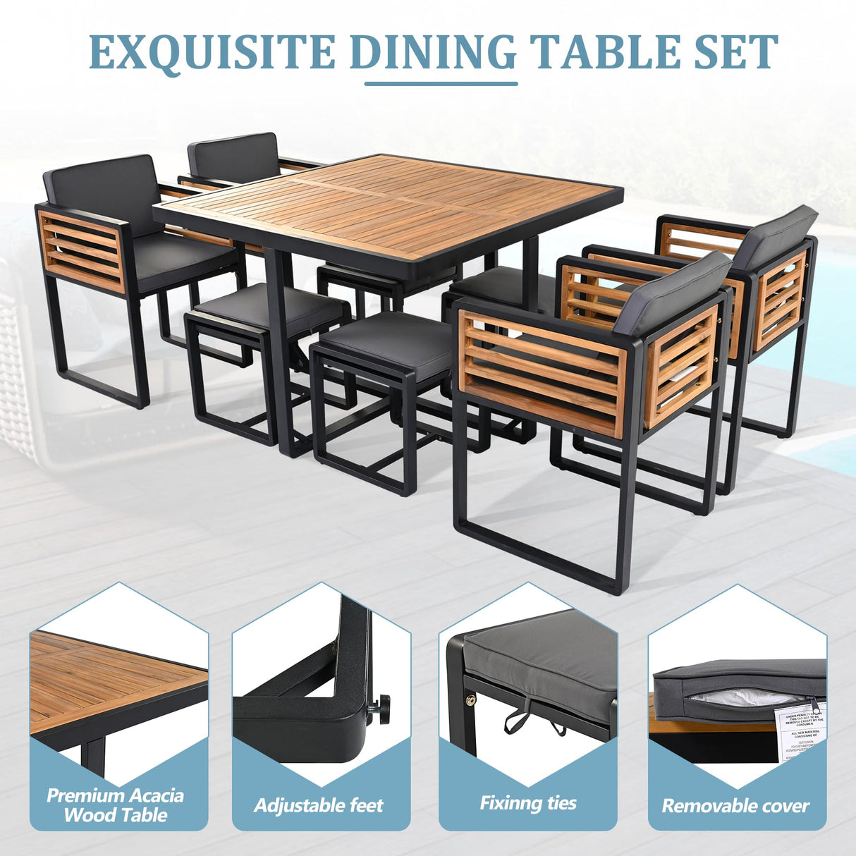 Merax 9 Pieces Outdoor Dining Set for 8 People, Acacia Wood Patio Furniture Sets with 1 Square Table, 4 Cushioned Chairs and 4 Ottomans for Backyard, Garden, Lawn, Poolside, Space Saving Design, Gray Merax