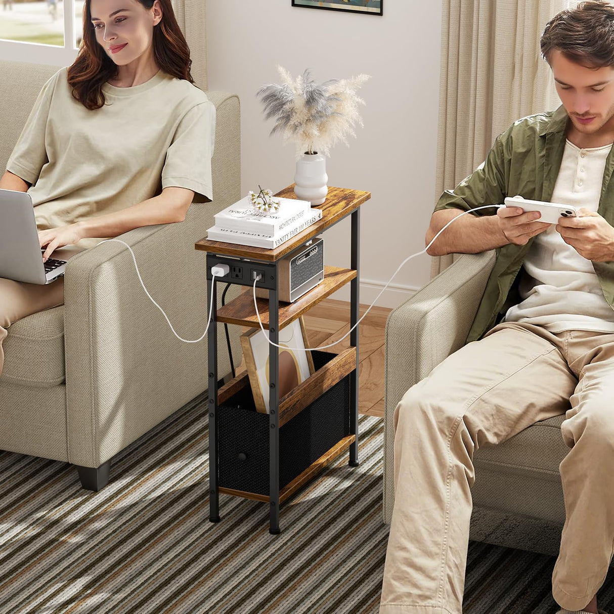 Creso hom Narrow Side Table with Charging Station and LED Light, End Table with 1 Fabric Drawer, Skinny Nightstand with USB Ports & Type-C, Slim Bedside Table for Bedroom, Living Room, Rustic Brown Creso hom